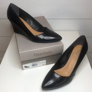 Franco Sarto ‘Frankie’ Black Leather, Pointy Toe Wedge Heel. Women’s 9 M